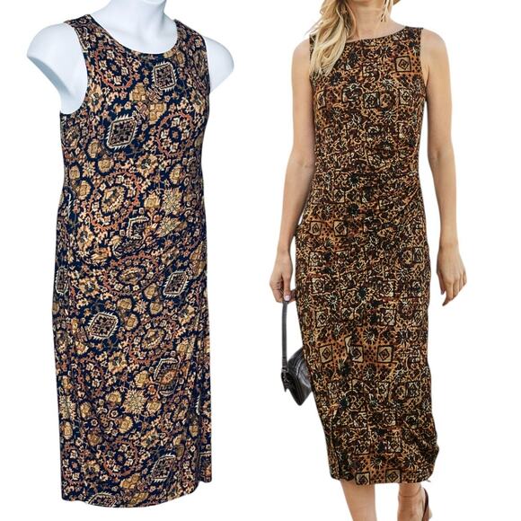 Peruvian Connection Sleeveless Midi Dress Chavin Ruched Aztec Sheath Size Medium - Picture 1 of 9